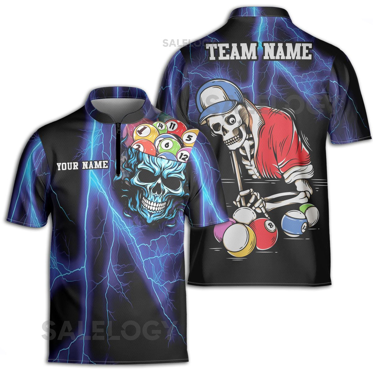 Personalized Blue Lightning Skull Love Billiard Zipper Polo Shirt S-5XL_531