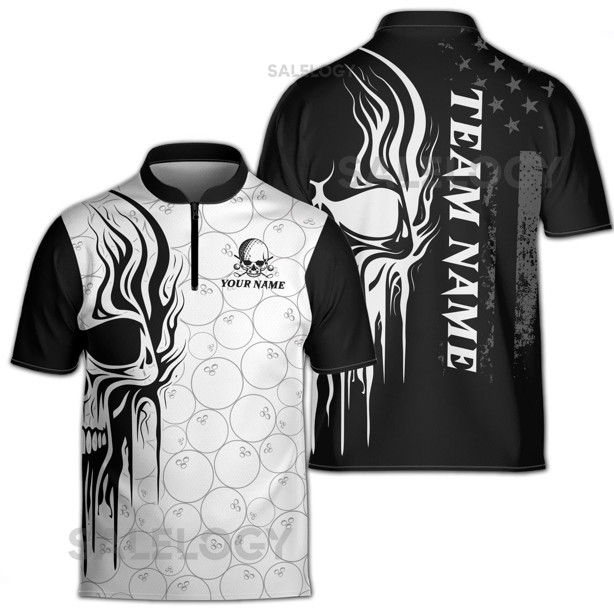 Personalized Grunge Skull America Bowling Lover Zipper Polo Shirt S-5XL_551