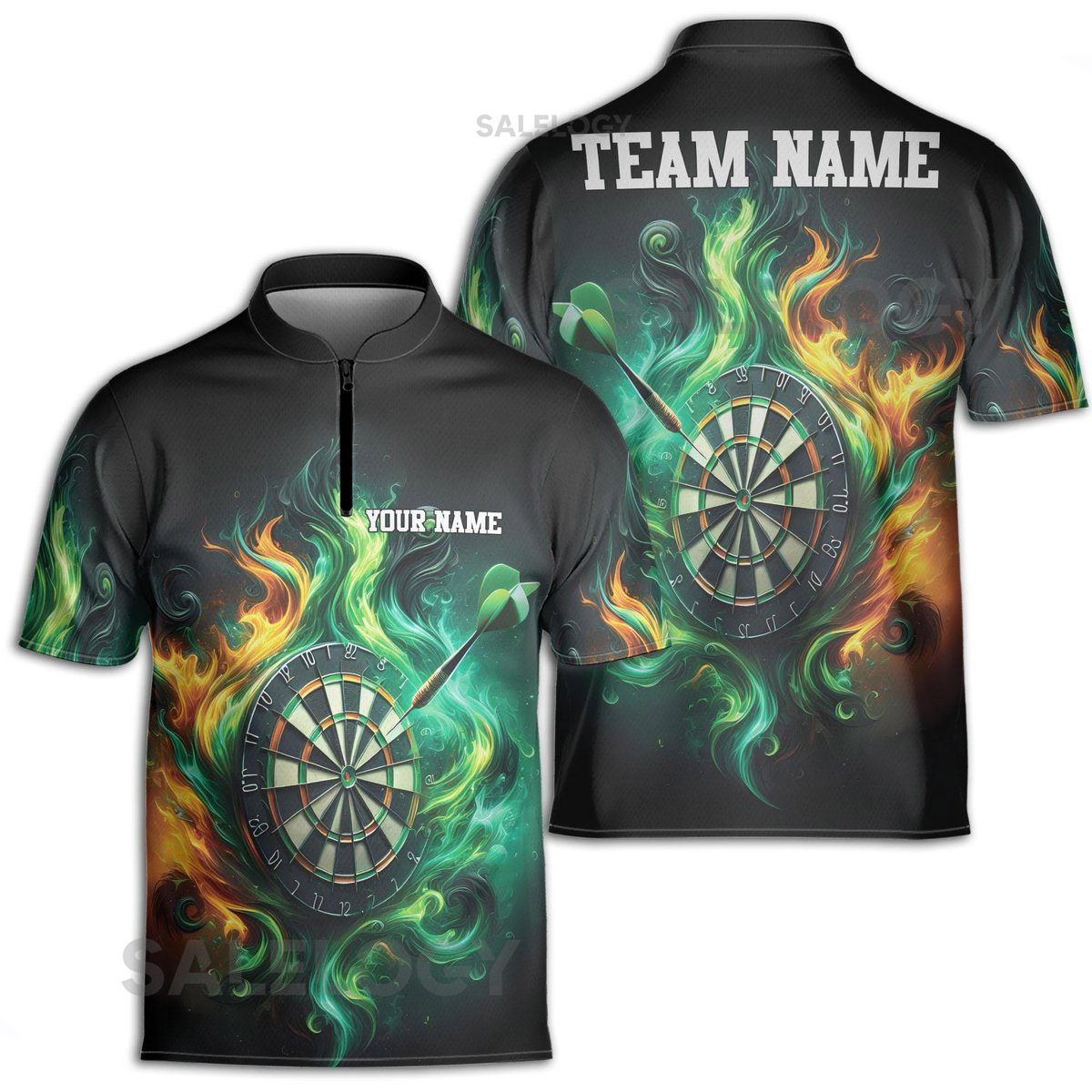 Personalized Green Flame With Darts Board Zipper Polo S-5XL_548
