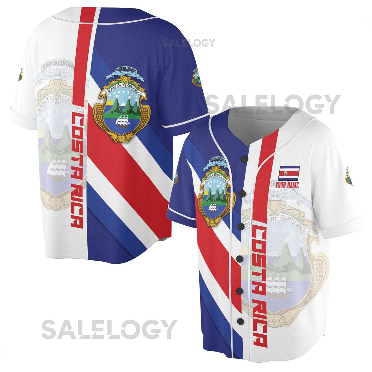 Custom Name Patriotic Costa Rica Coat of Arms Baseball Jersey S-5XL_29