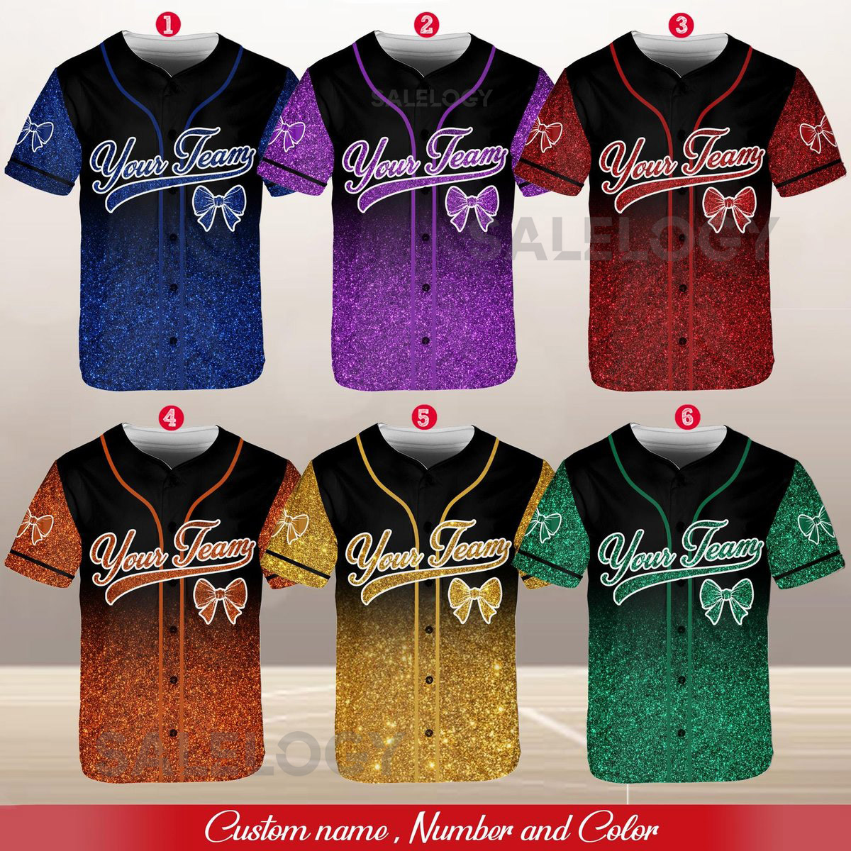 Personalized Team Name Number Bow Ribbon Baseball Jersey Custom Cheer Baseball Jersey Glitter Jersey Printed Glitter Not Glitter Fabric_676
