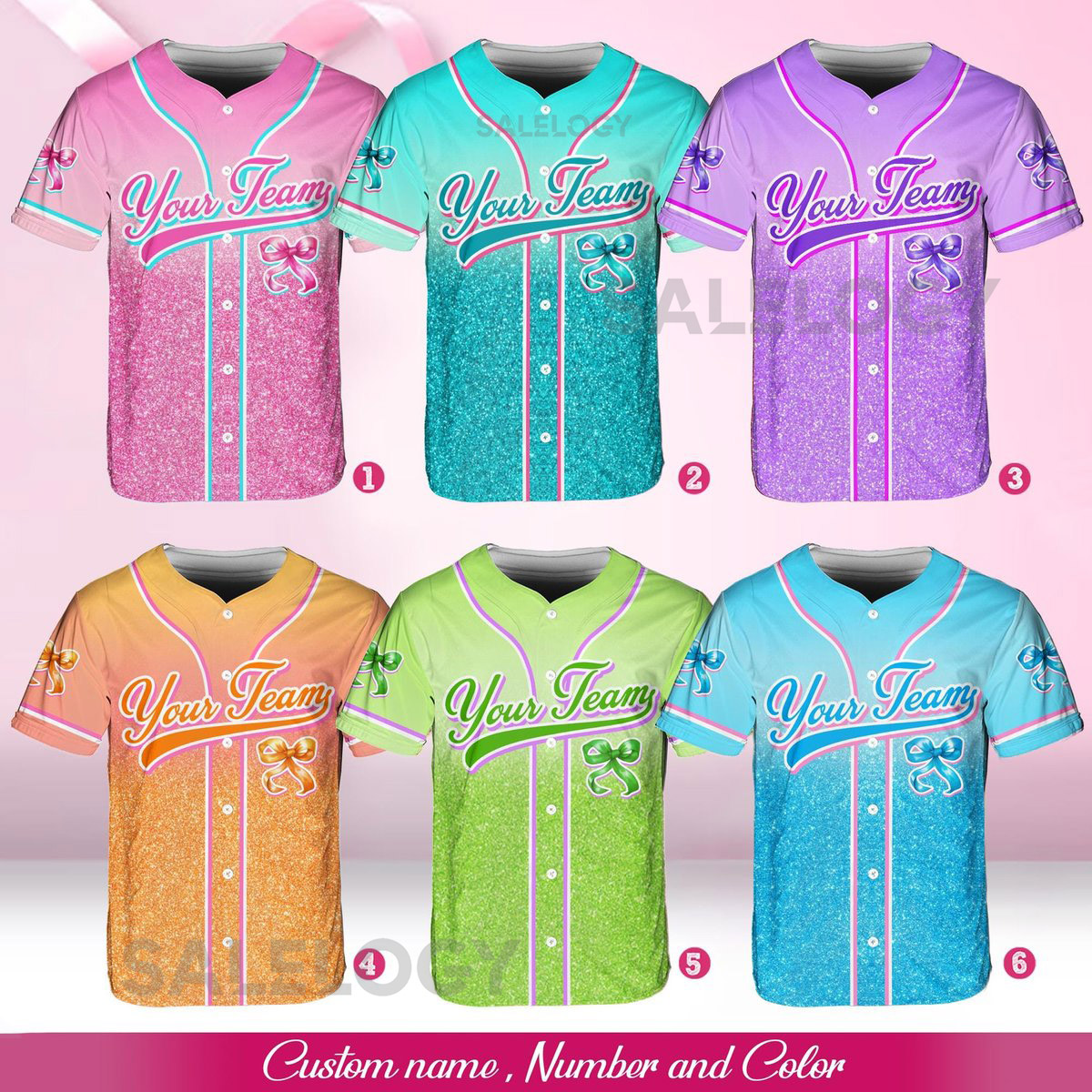 Personalized Team Name Number Bow Ribbon Baseball Jersey Custom Cheer Baseball Jersey Glitter Jersey Printed Glitter Not Glitter Fabric_677