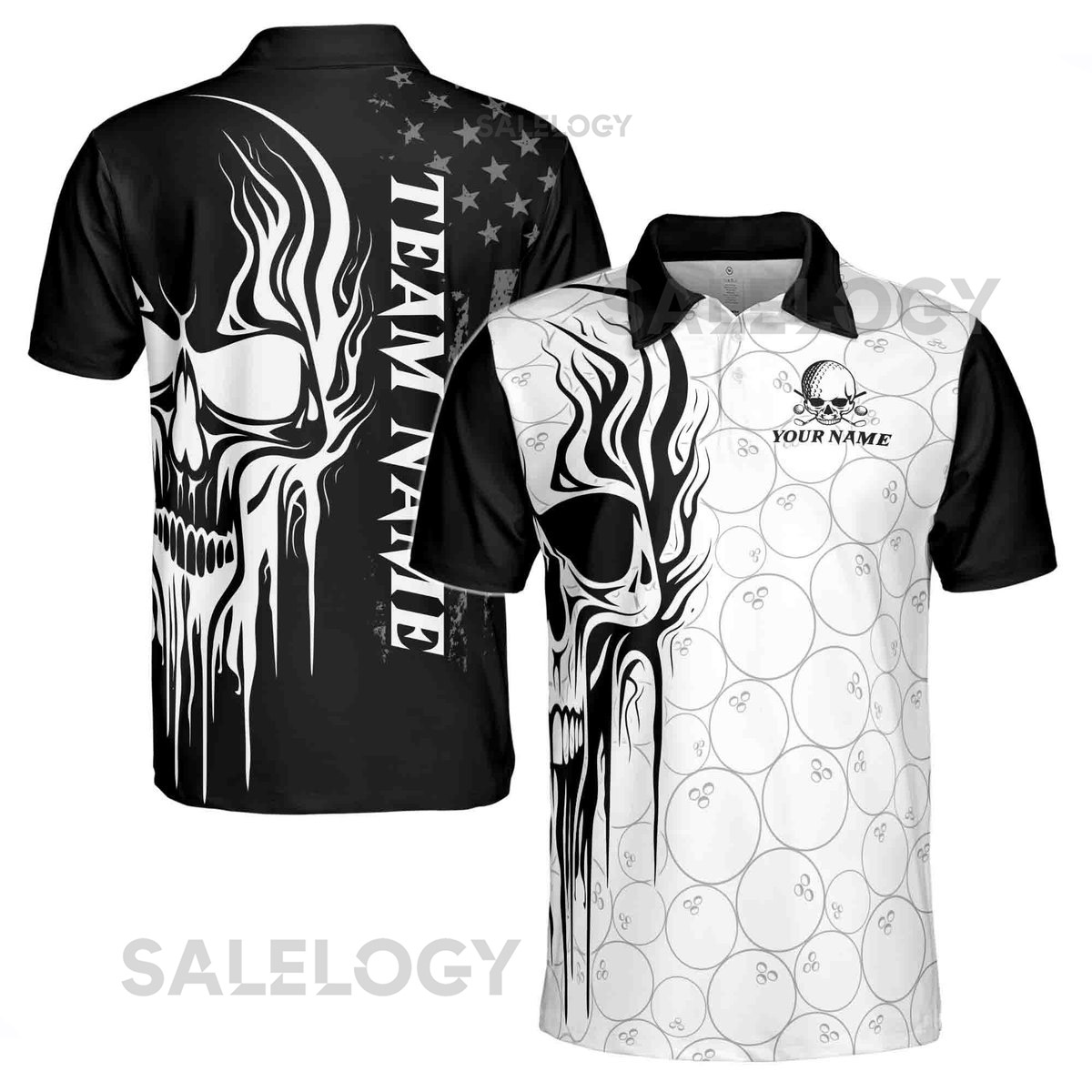 Personalized Grunge Skull America Bowling Lover Men's Polo Shirt S-5XL_550