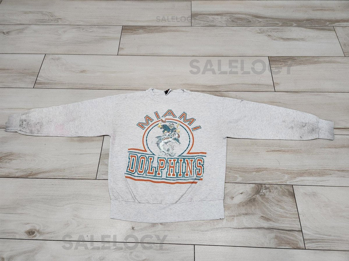Vintage Miami Dolphins Gray Crew Neck Sweatshirt Mens L damaged_695