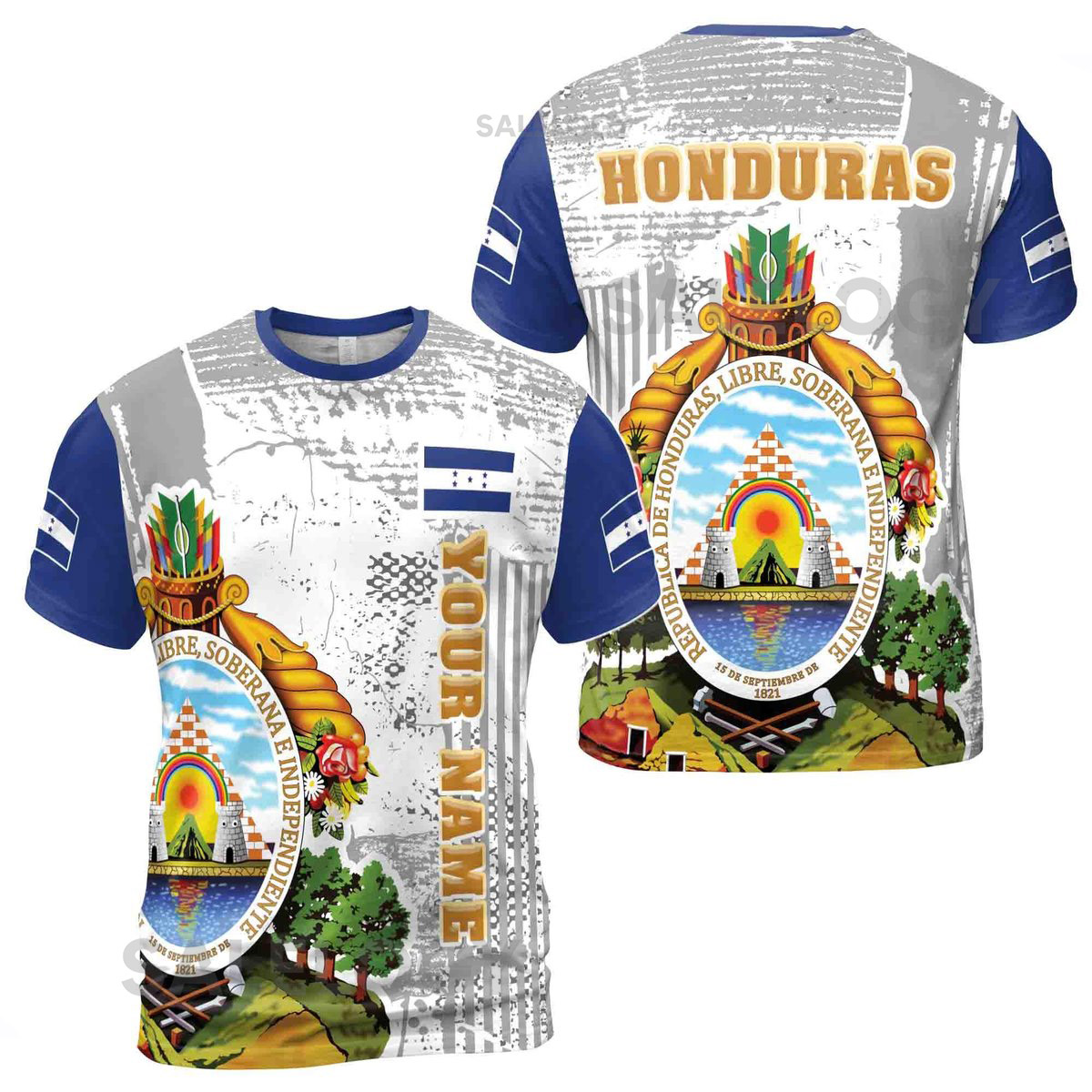 Custom Name Honduras Coat of Arms Patriotic T-shirt S-5XL_56