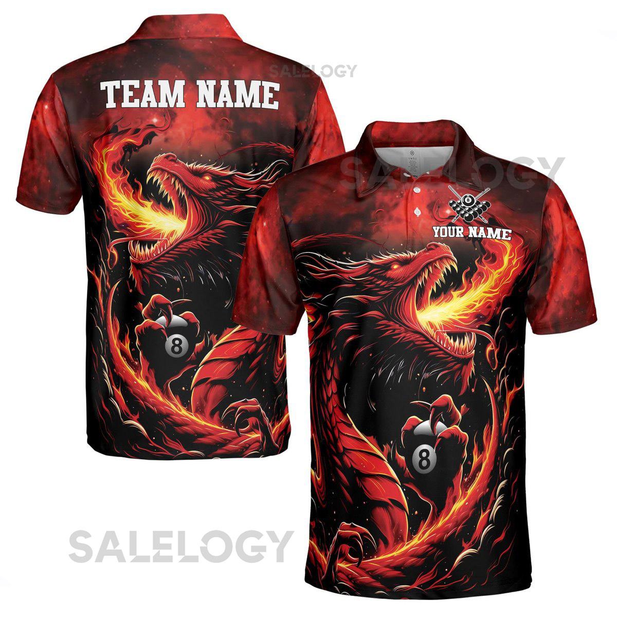 Custom Name Fire Dragon Billiard Passonate Player Men39s Polo Shirt S-5XL_79