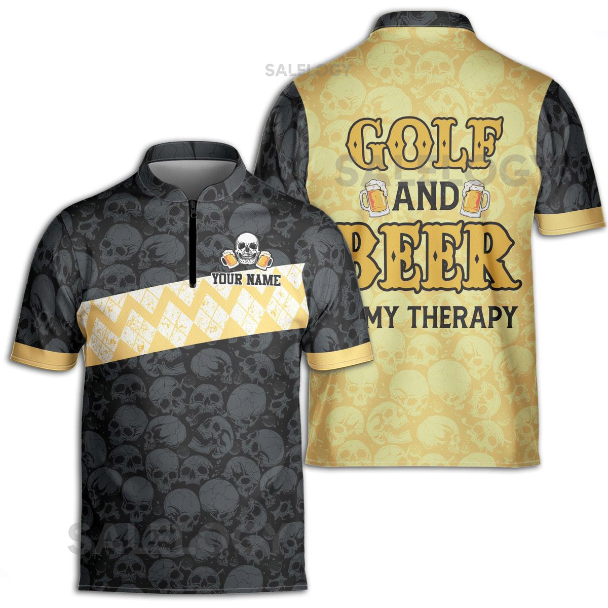 Custom Name Golf And Beer Is My Therapy Zipper Polo Shirt S-5XL_95