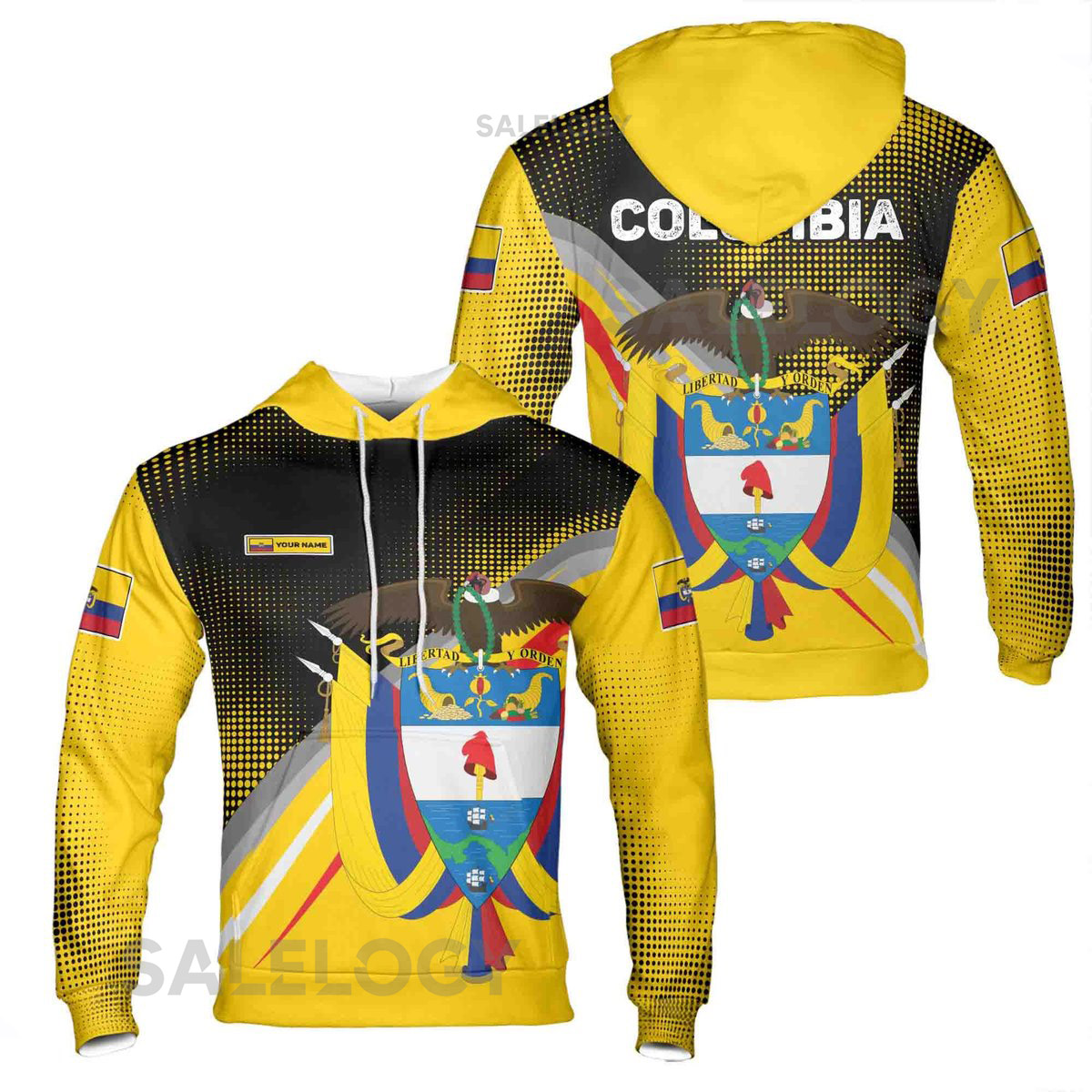 Custom Name Patriotic Colombia Coat of Arms Grunge Hoodie S-5XL_55