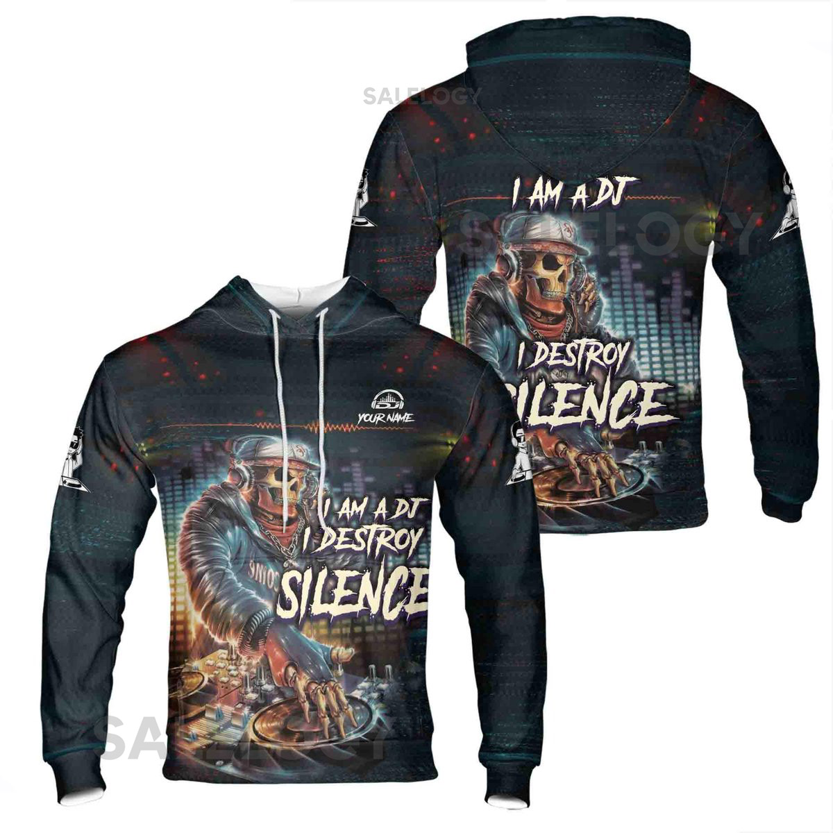 Custom Name Disc Jockey Music Skull Destroy Silence DJ Hoodie S-5XL_17