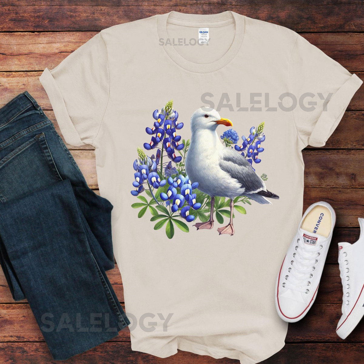 Utah State Bird and Flower T Shirt California Gull and Bluebonnet Watercolor Design_643