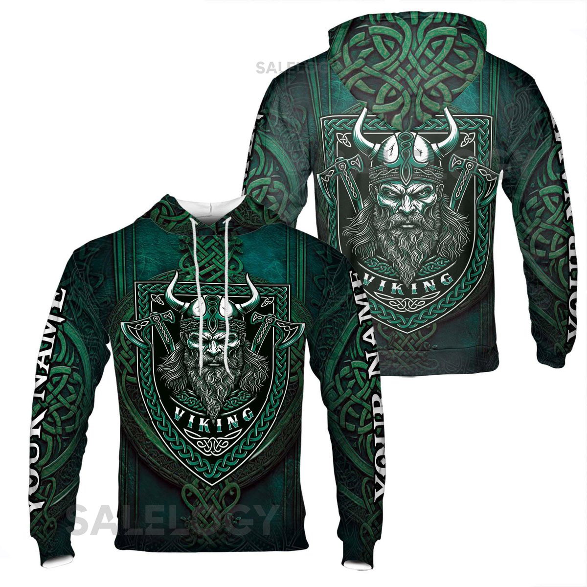 Custom Name Green Viking Valhalla Grunge Tribal Pattern Hoodie S-5XL_26