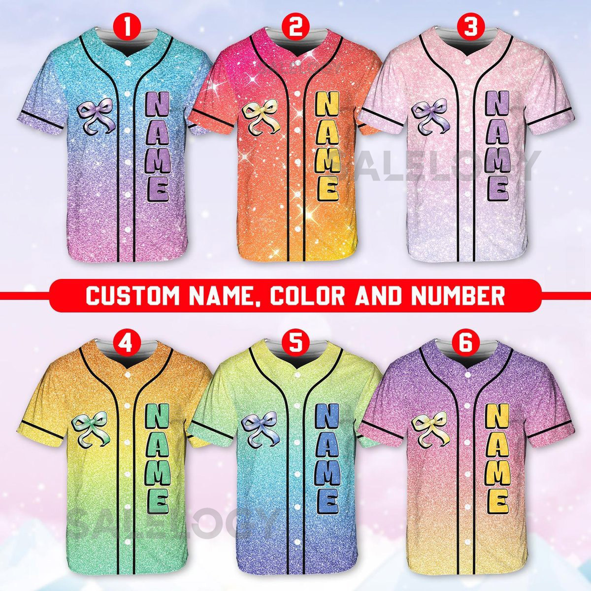 Personalized Team Name Number Bow Ribbon Baseball Jersey Custom Cheer Baseball Jersey Glitter Jersey Printed Glitter Not Glitter Fabric_678