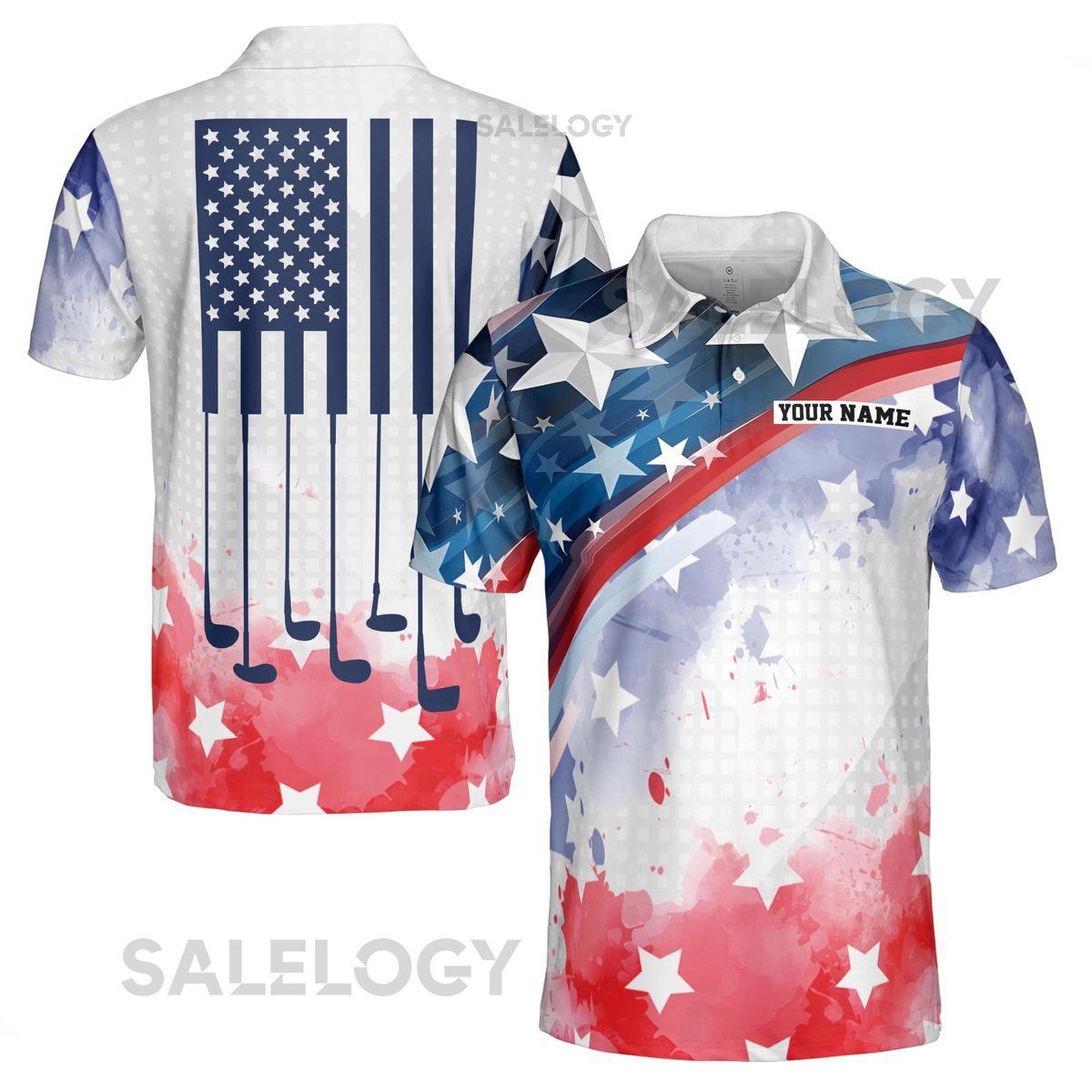Custom Name American Flag Watercolor Play Golf Men39s Polo Shirt S-5XL_41