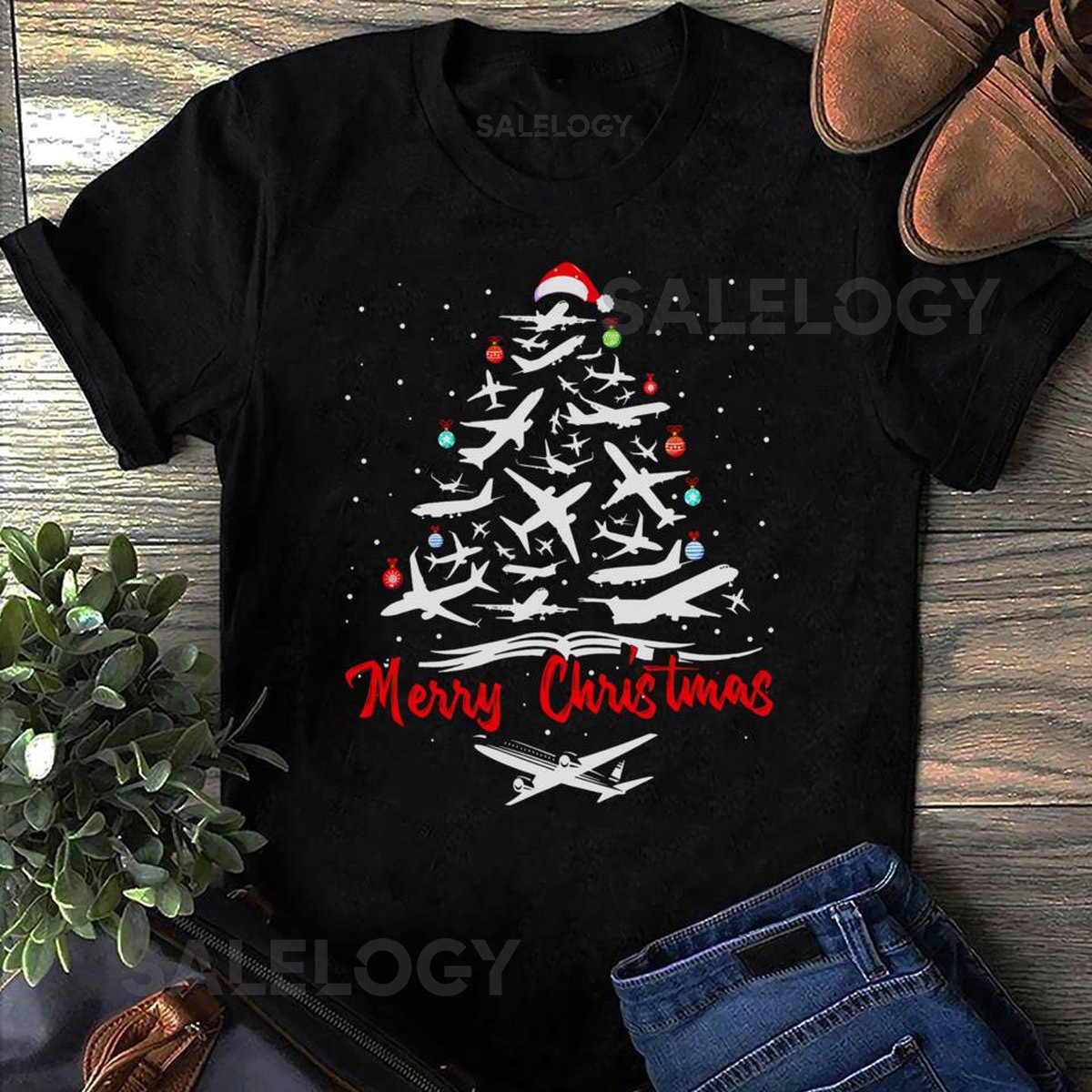 Airplane Christmas Tree T Shirt Pilot Aviation Gift_8