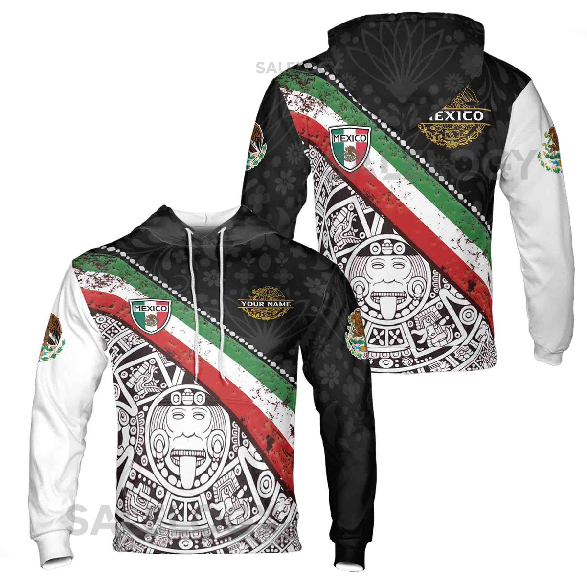 Custom name Mexico Aztec Flag Grunge Pattern Hoodie S-5XL_43