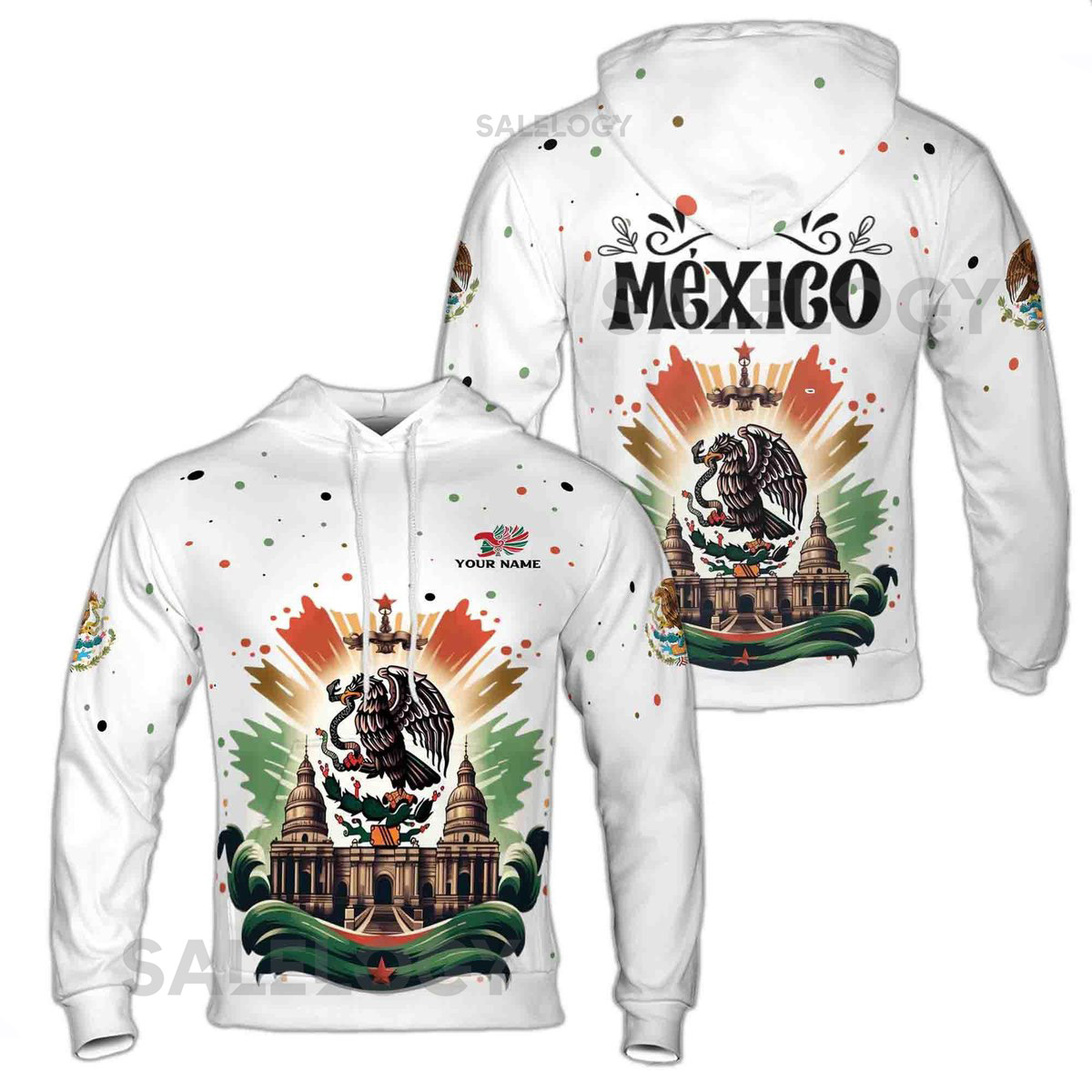 Custom Name Mexico Flag Coat of Arms Celebration Mayan Temple Hoodie S-5XL_46