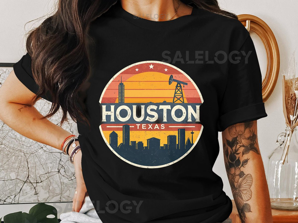 Houston Texas Cityscape Retro Design T-Shirt Vintage City Graphic Tee Houston Skyline Shirt Urban Style Gift for Texa_351