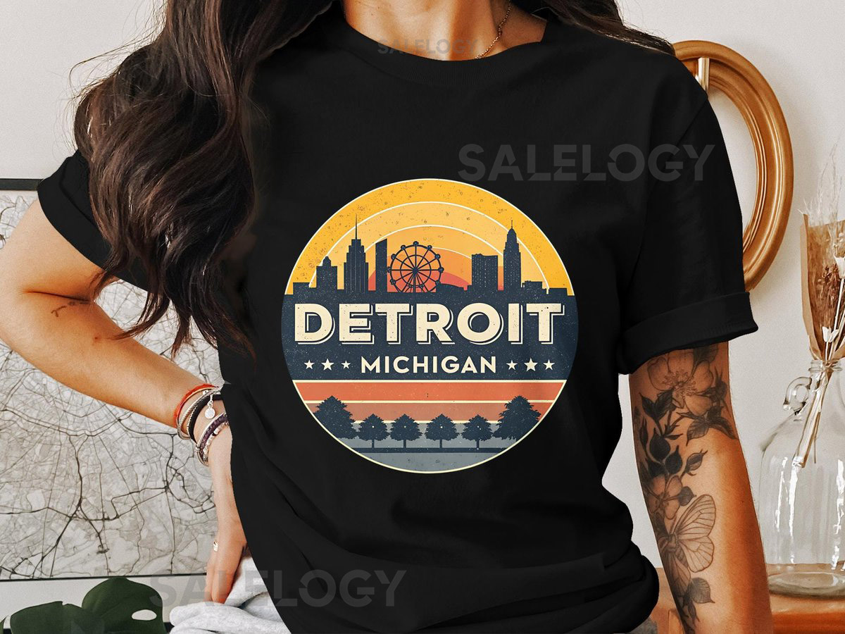 Detroit Michigan Cityscape Retro Design T-Shirt Vintage Detroit Skyline Tee Cool Summer Shirt Retro Detroit Gift City Lovers Tee_196