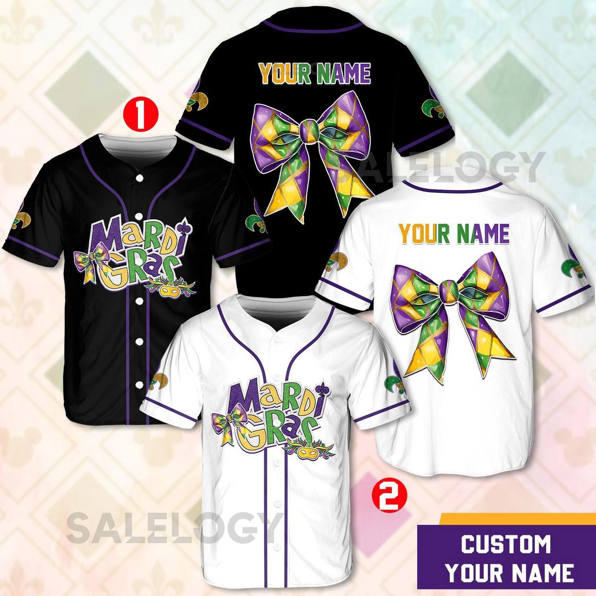 Personalized Mardi Gras Baseball Jersey Men Women Kid Youth Custom Mardi Gras With Bow Ribbon Baseball Jersey Perfect For Carnival_241