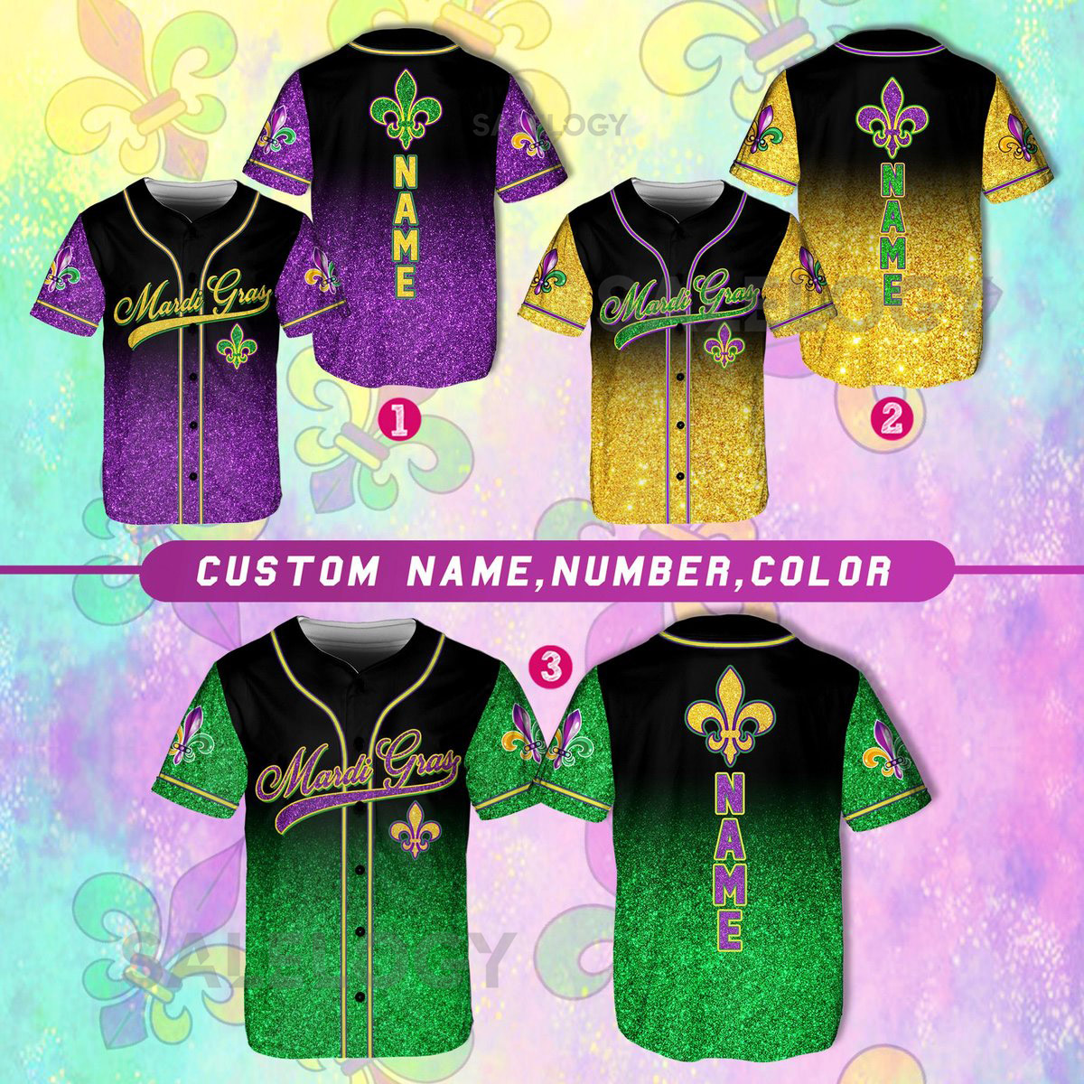 Personalized Glitter Mardi Gras Baseball Jersey Custom Glitter Mardi Gras Baseball Jersey Mardi Gras Carnival Jersey Printed Glitter_116