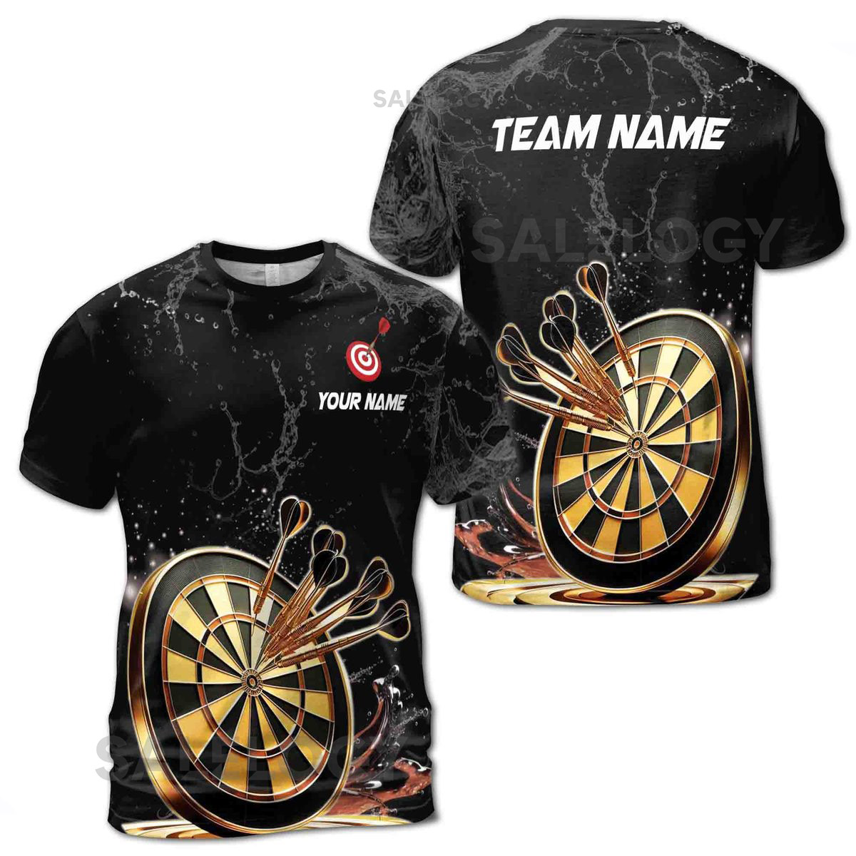 Custom Name Golden Darts Team Black T-Shirt S-5XL_49