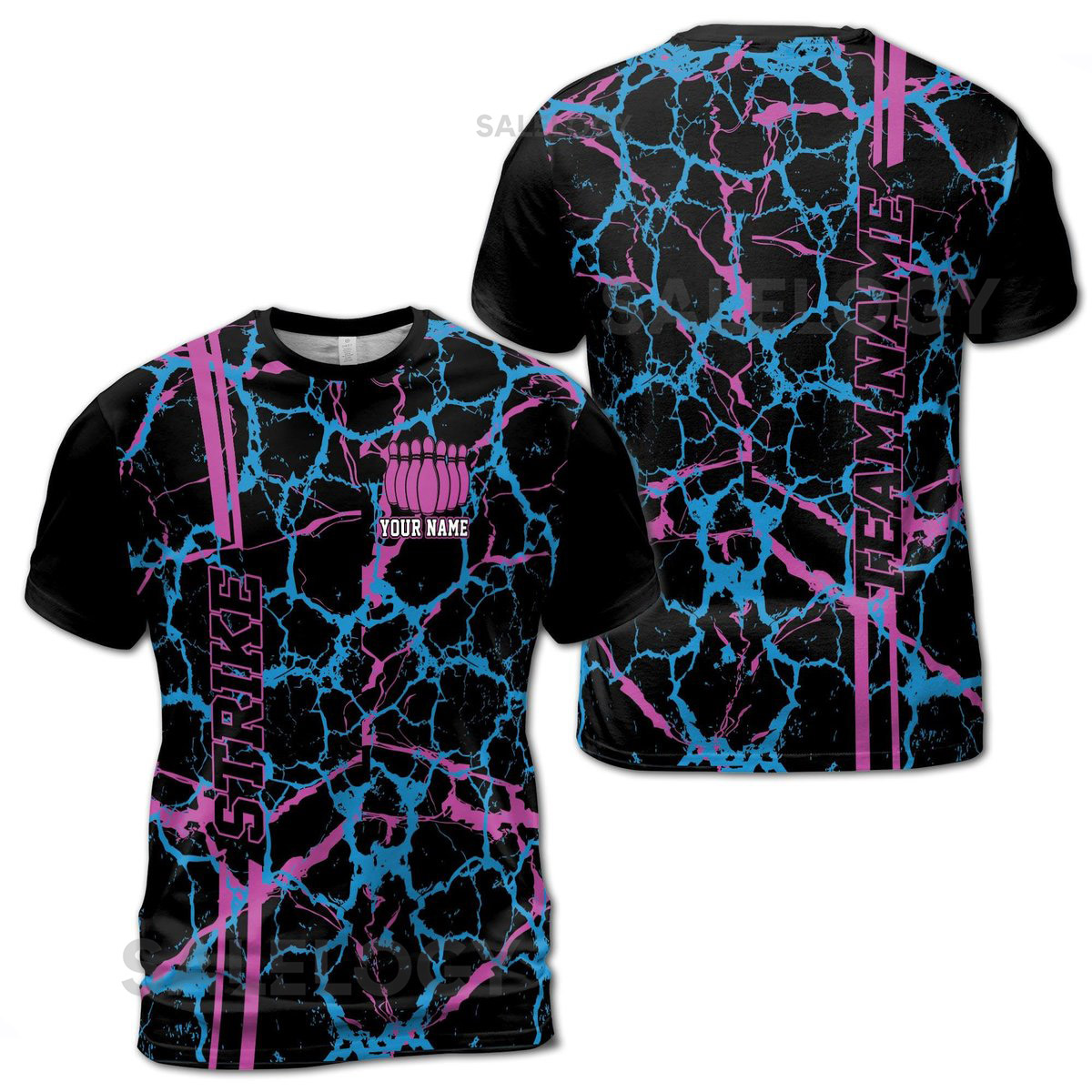 Customized Bowling Team Purple Blue Bowling Pin Strike 3D T-Shirt S-5XL_169