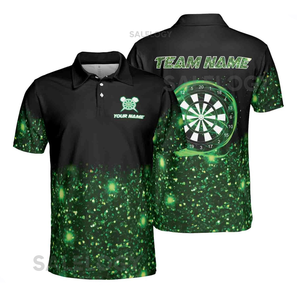 Custom Name Darts Dartboard Green Glittering Team Name Men39s Polo S-5XL_70