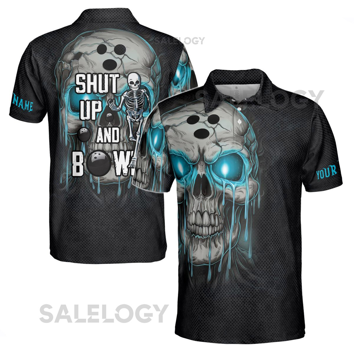 Custom Name Polo Shh Up and Bowling Melting Skull Men39s Polo S-5XL_162