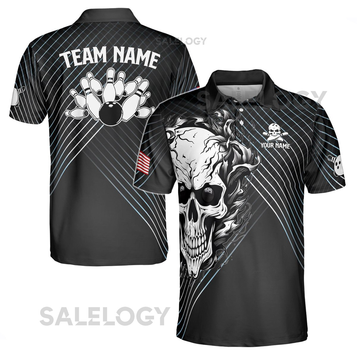 Custom Name Bowling Skull Design American Flag Men39s Polo S-5XL_54