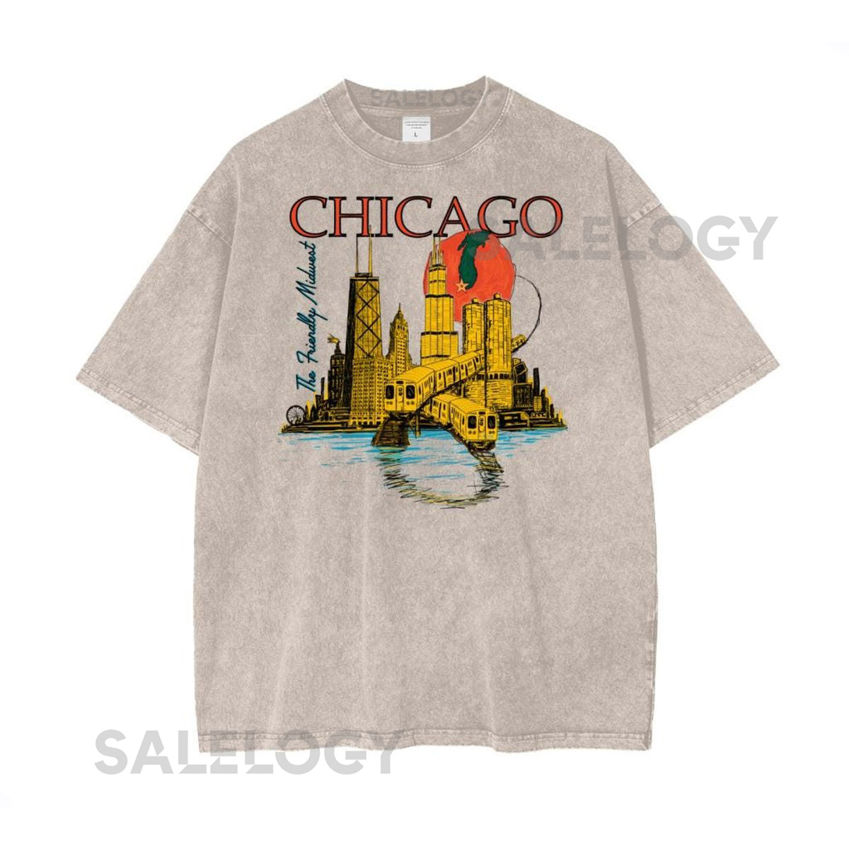 Chicago Architecture Vintage Style T-Shirt Snow Washed_162