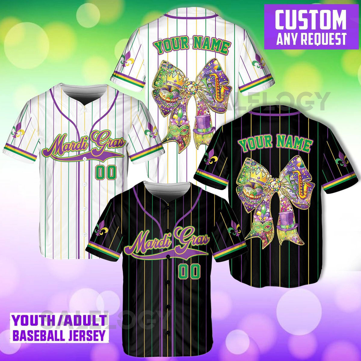 Personalized Mardi Gras Baseball Jersey Men Women Kid Youth Custom Mardi Gras With Bow Ribbon Baseball Jersey Perfect For Carnival_245