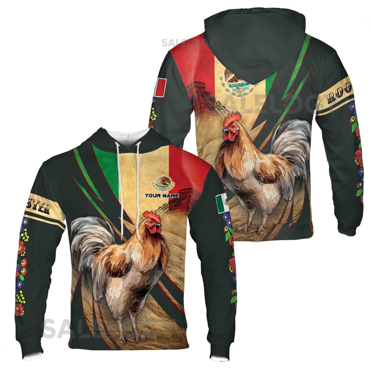Custom Name Mexico Rooster With Aztec Pattern Hoodie S-5XL_48