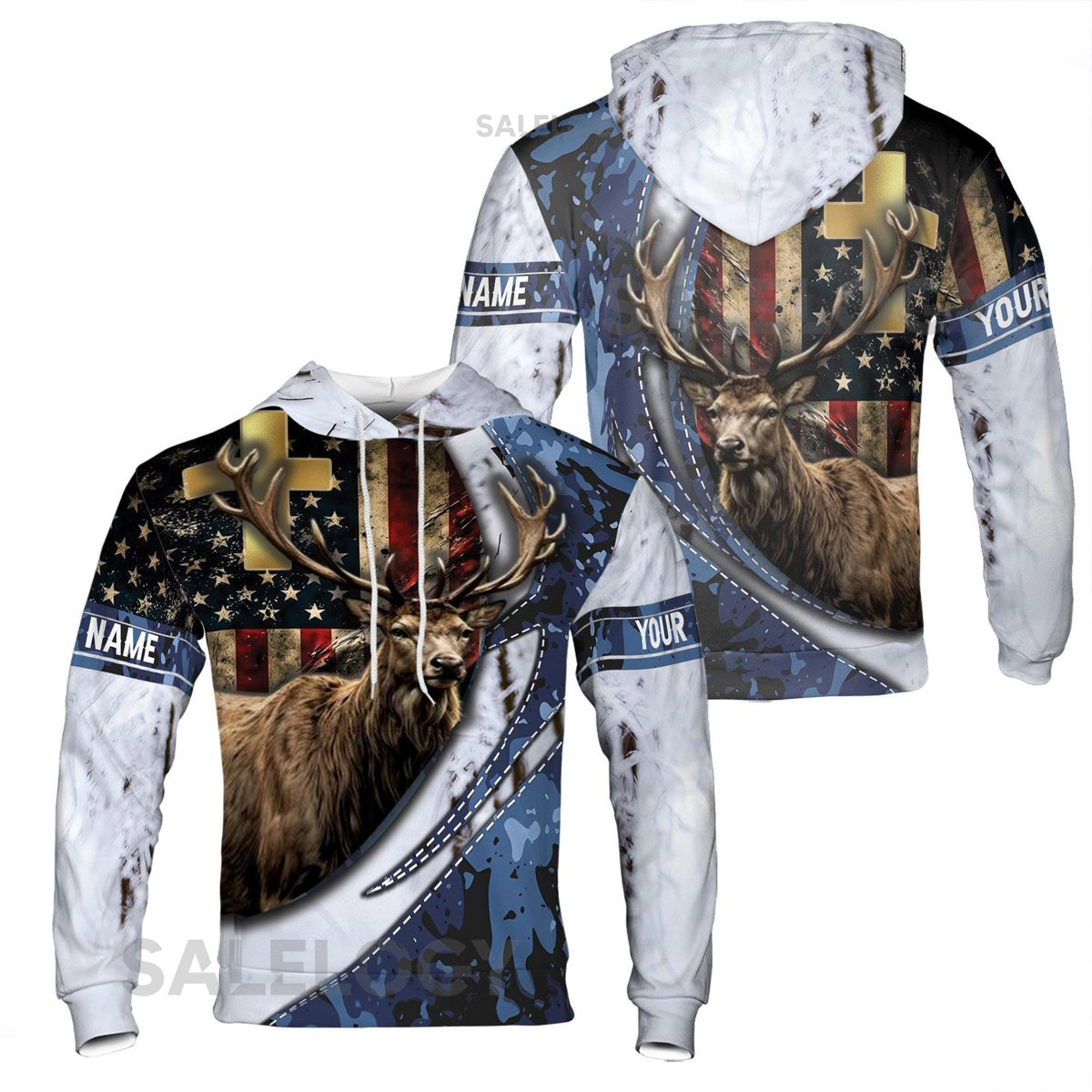 Custom Name Hunting Deer American Camouflage Flag Pattern Hoodie S-5XL_34