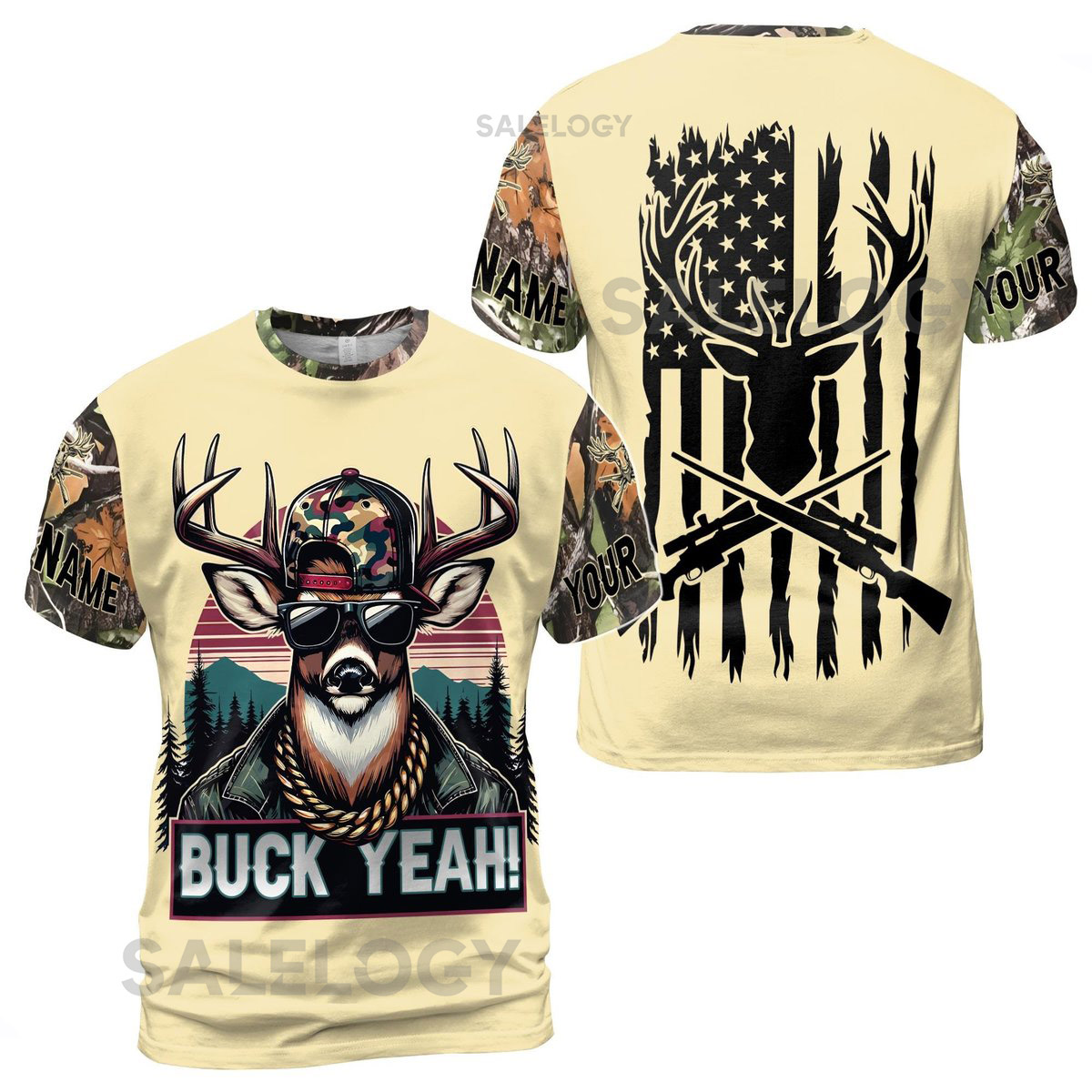 Custom Name Buck Yeah Army Dear Camo Pattern Men39s T-shirt S-5XL_26