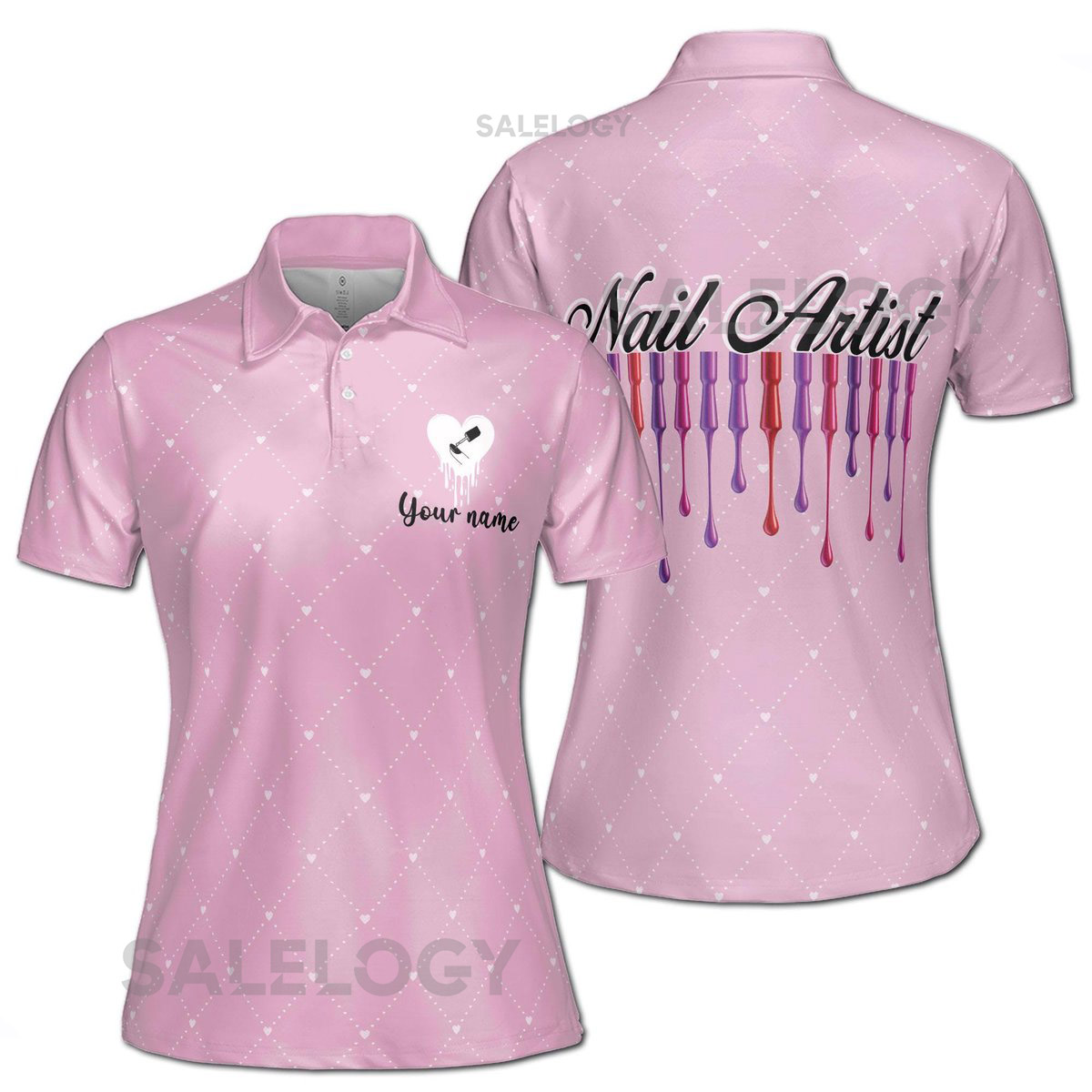 Custom Name Nails Artist Pink Heart Diamond Design Women39s Polo Shirt S-5XL_136