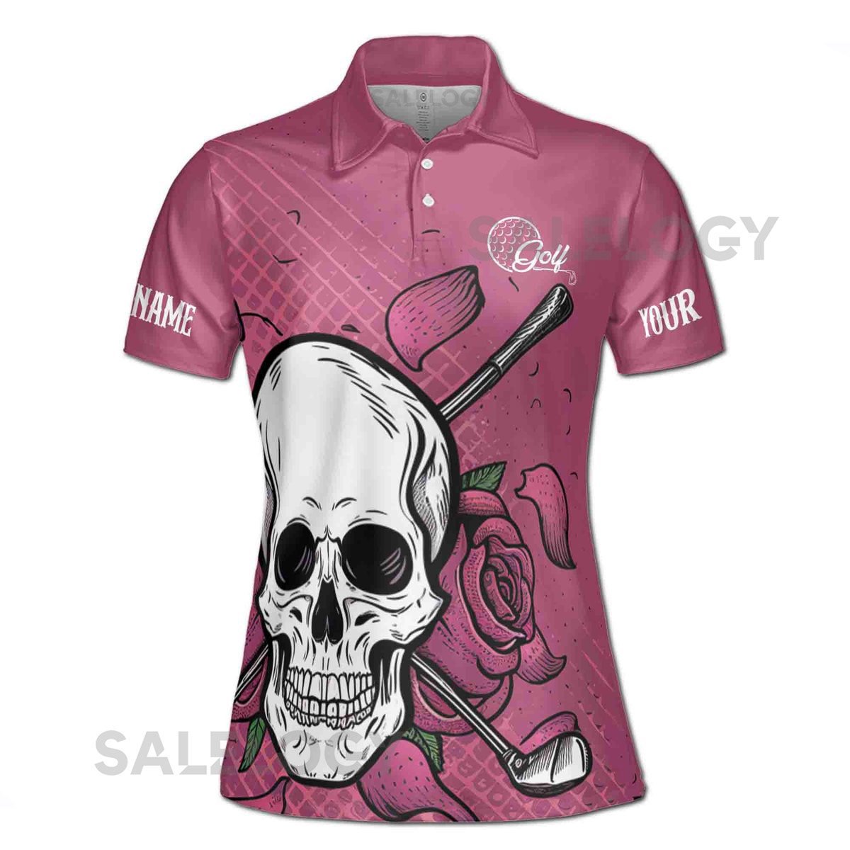 Custom Name Golf with Skull and Rose Women39s Polo S-5XL_104