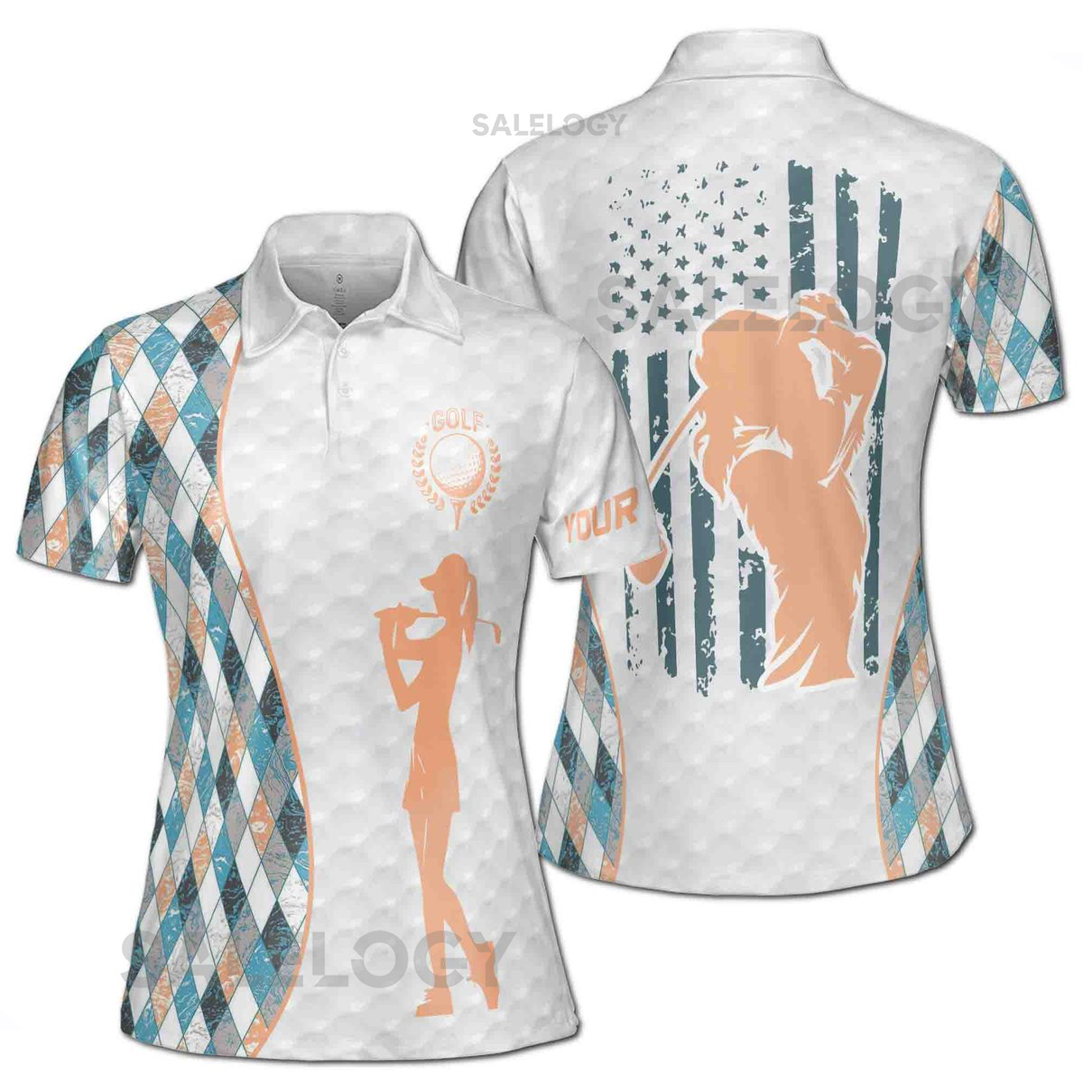 Custom Name Retro Argyle America Lady Golfer Women39s Polo S-5XL_167