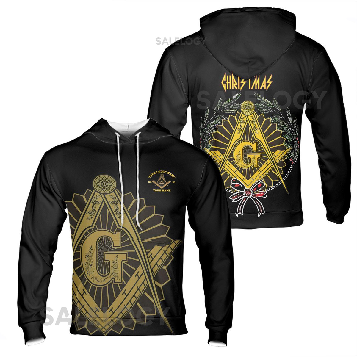 Customized Mason with Red Bow Pine Tree Merry Christmas Freemason Hoodie S-5XL_84