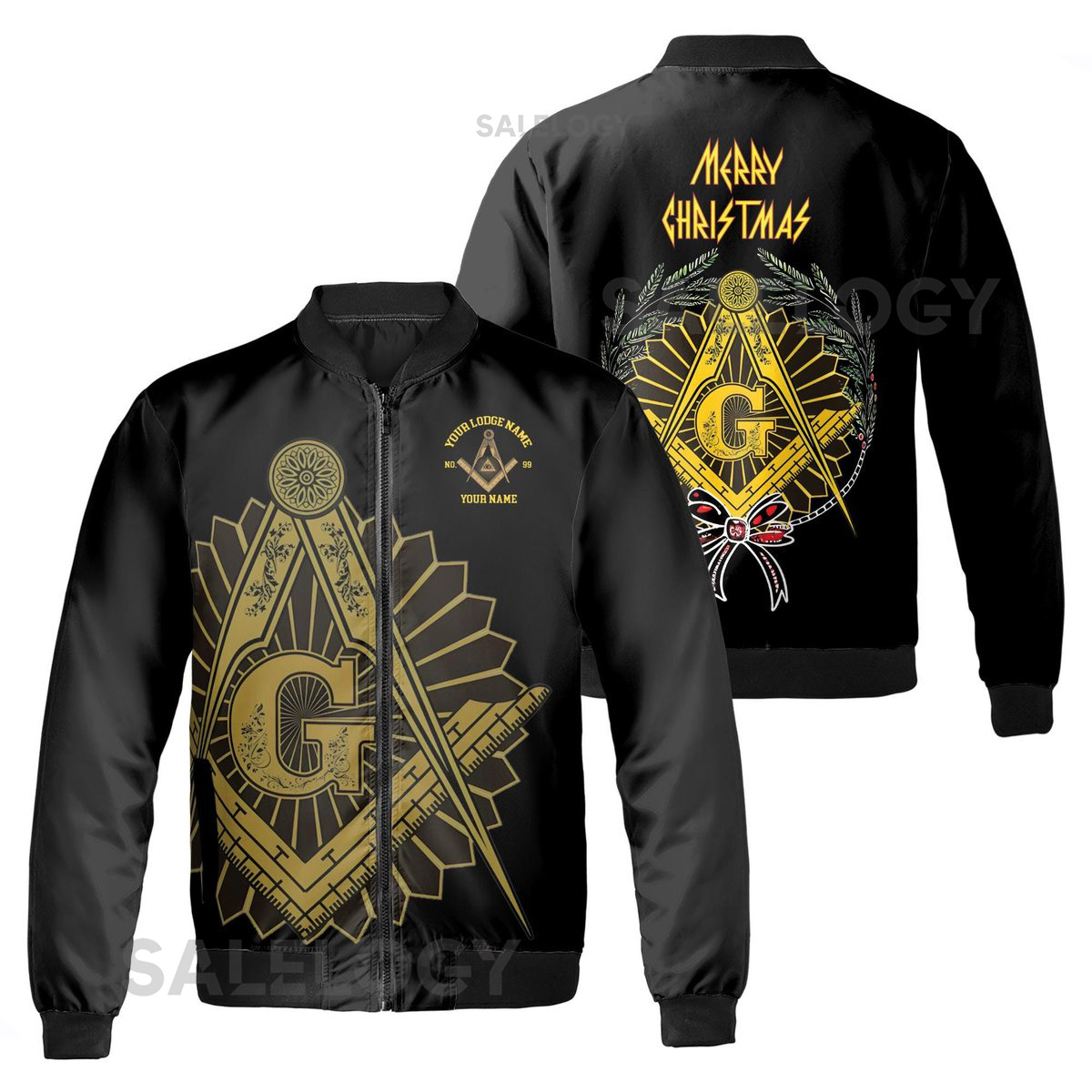 Customized Mason with Red Bow Pine Tree Merry Christmas Freemason Bomber Jacket S-5XL_73
