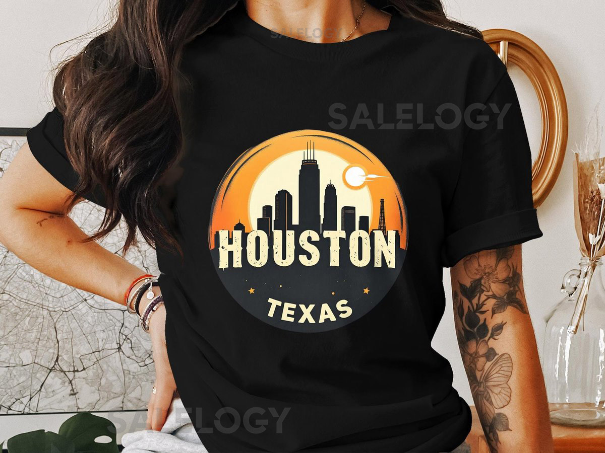 Houston Texas Retro Cityscape Design T-Shirt vintage Houston skyline graphic tee class=