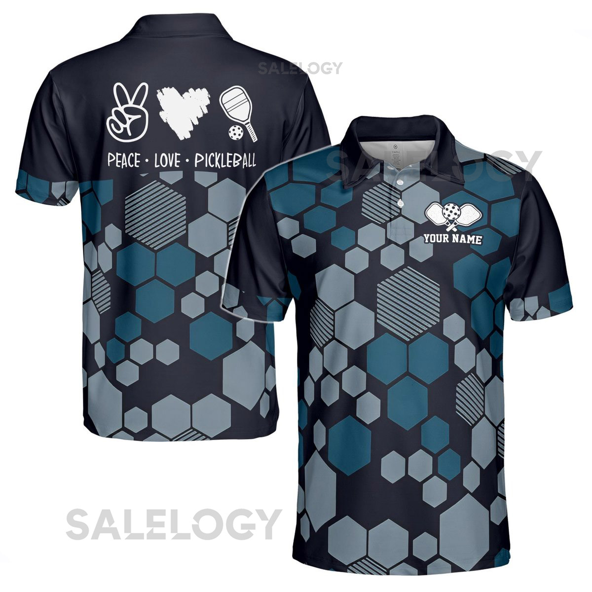 Custom Name Love Peace Pickleball Hexagon Pattern Men39s Polo Shirt S-5XL_120