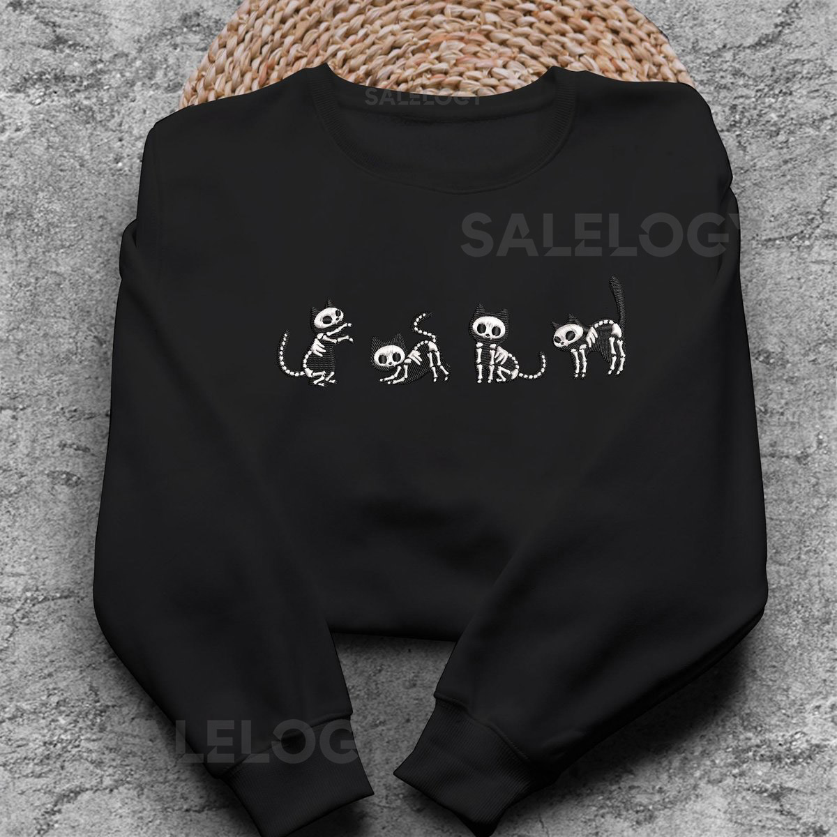 Embroidered Skeleton Cats Sweatshirt Cute Fall shirts for Women Cowboy Ghost Shirt Cat Lover Embroidered Shirt gifts_39