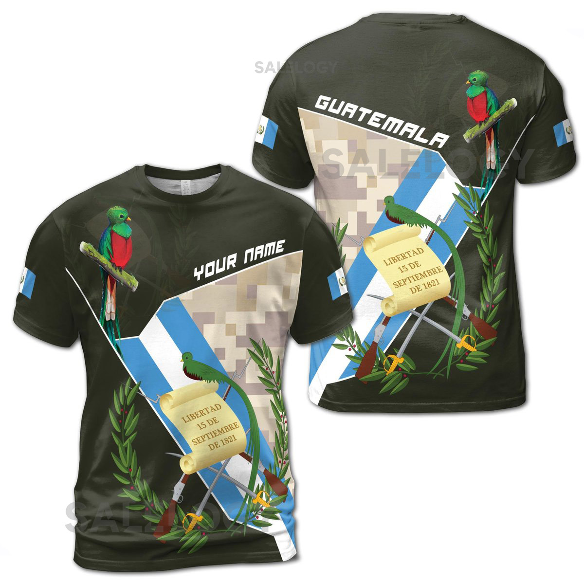 Custom Name Guatemala Flag and Parrot Design T-Shirt Olive Green Color Unisex T-Shirt S-5XL_51
