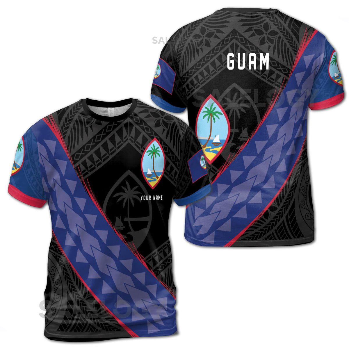 Custom Name Guam Flag with Unique Tribal Tattoo Patterns Unisex T-Shirt S-5XL_50
