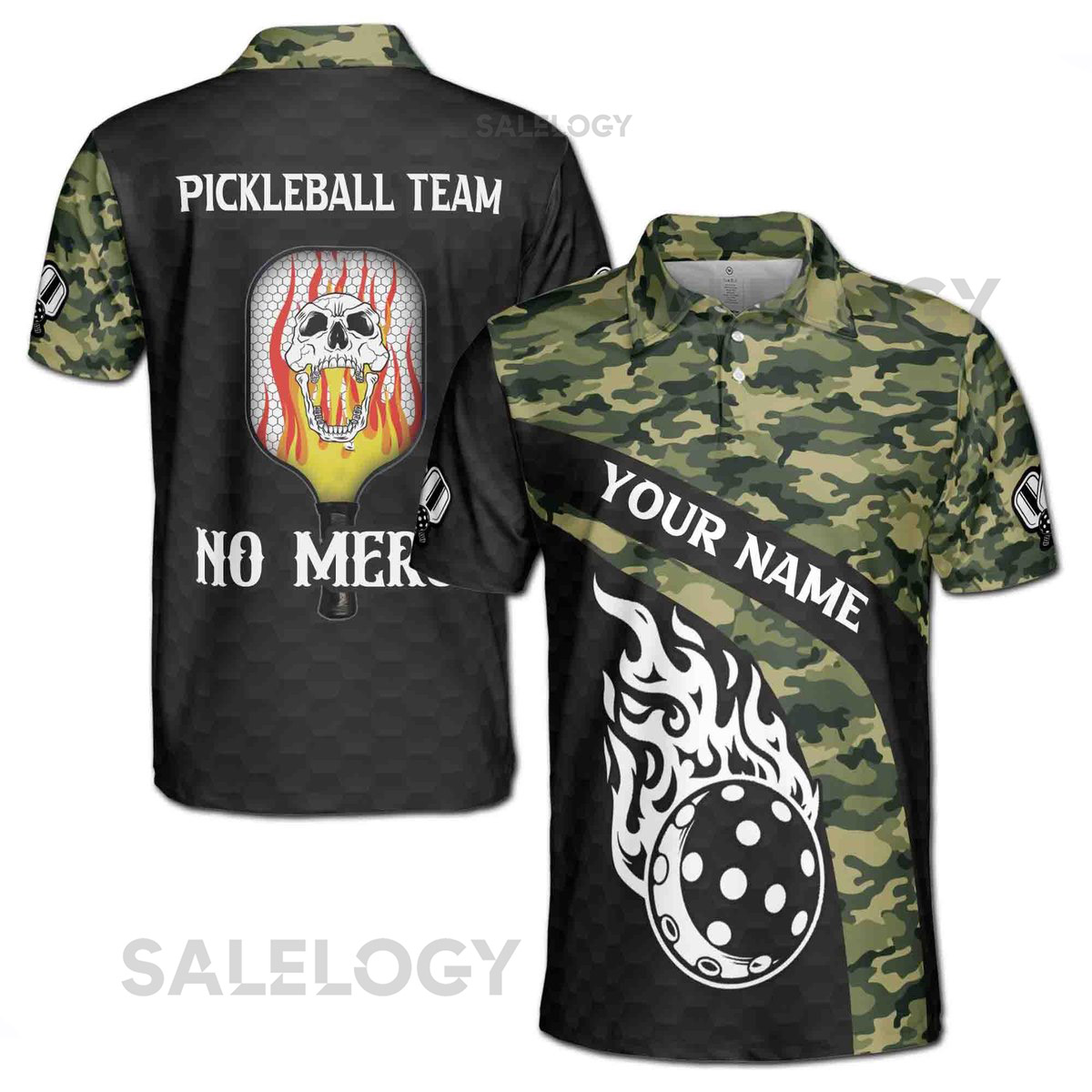 Personalized Name No Mercy Skull Pickleball Camo Pattern Men's Polo Shirt S-5XL_571