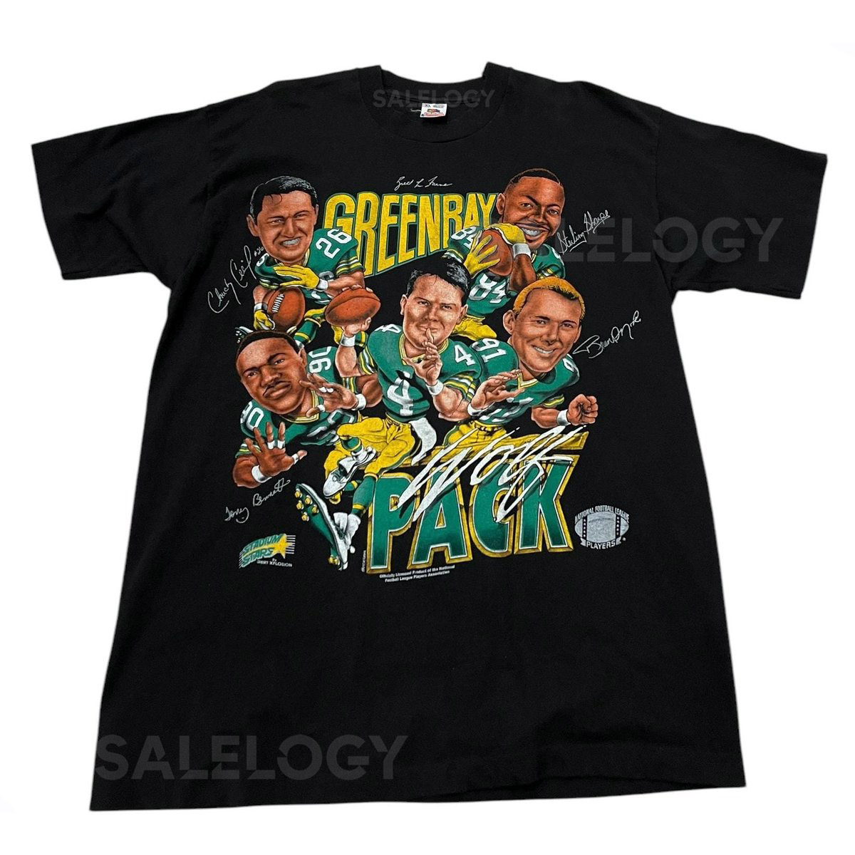 Vintage Green Bay Packers Wolf Pack Caricature T-shirt Favre NFL Football Sz XL_746