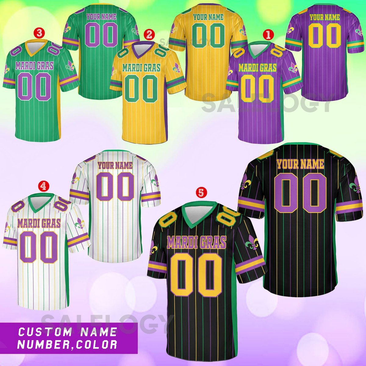 Personalized Mardi Gras Football Jersey Custom Your Name And Number V-neck Short Sleeve Jersey Mardi Gras Jersey Family Matching_17