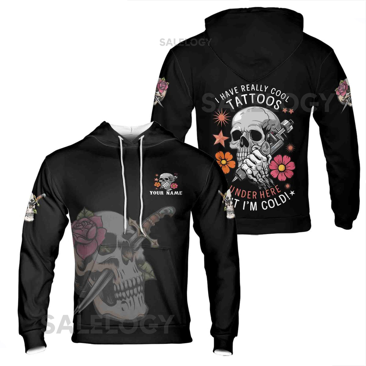 Custom Name Skull Tattoo Hoodie All-Over Print Polyester Knit_64