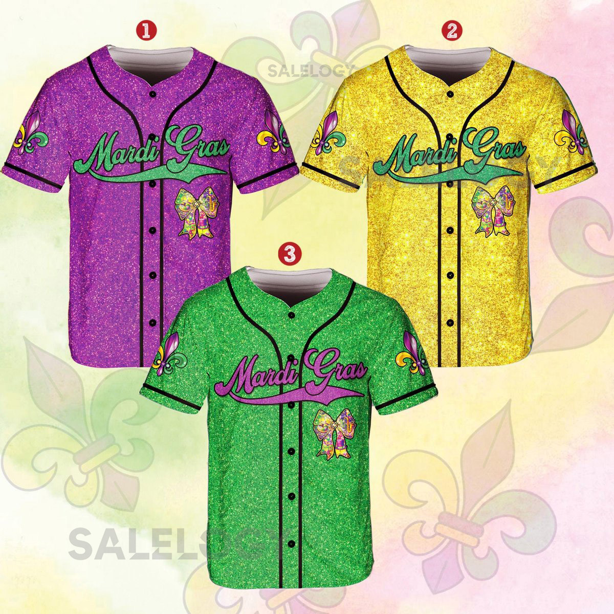 Personalized Mardi Gras Glitter Baseball Jersey Custom Name Number Bow Ribbon Mardi Gras Jersey Printed Glitter Not Glitter Fabric_247