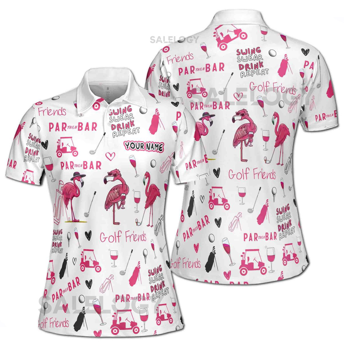 Custom Name Funny Flamingo Plays Golf Par Then Bar Women39s Polo S-5XL_86